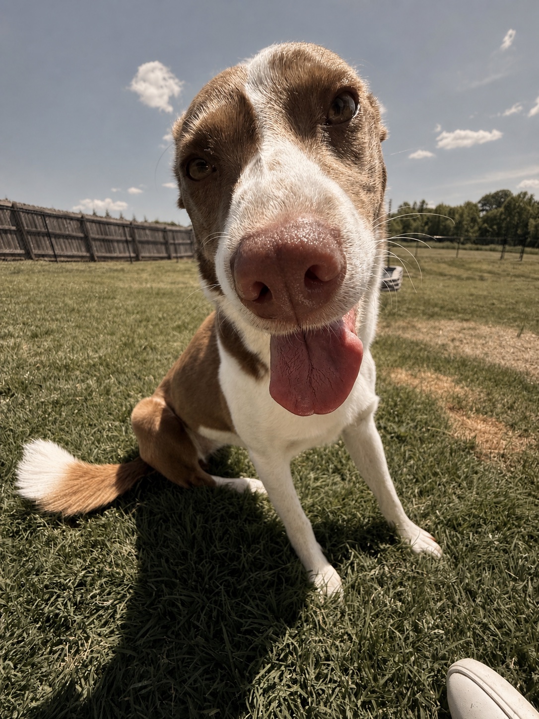 A brown and white dog smiling outside